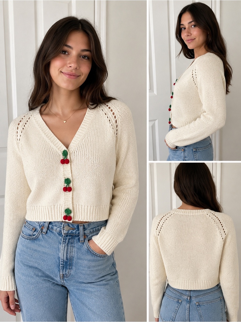 Sincerely Jules Cream Knit Cardigan Sweater Cherry Buttons Size XS